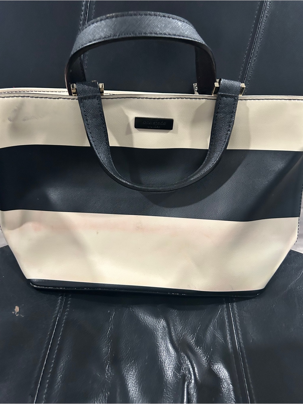 Kate Spade Black And Cream Striped Tote See Pics For Flaws On Cream Section